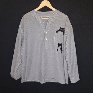 💙 Lightweight Striped Textured Relaxed Fit Cat Print Blouse Size 2X Casual Cute